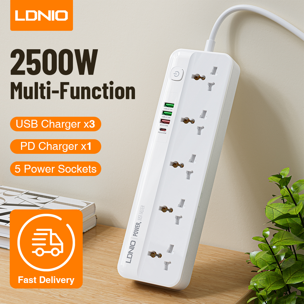 مأخذ كهربائي LDNIO - مخرج طاقة 2500 واط، 05 منافذ، PD/QC 3.0 USB 04 - الصورة 6